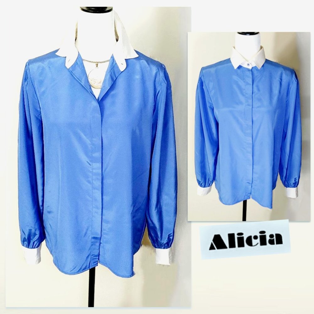 ALICIA Blue White Trim Blouse Polyester L-Sleeve Collar Button Down Relaxed Fit